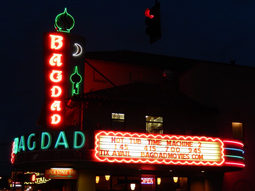 The famous Bagdad Theatre lights up Hawthorne Boulevard in Portland, Oregon. 